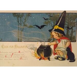 Halloween Fantasy Postcard Witch Girl Bats Cat Gottschalk Dreyfuss & Davis 2696
